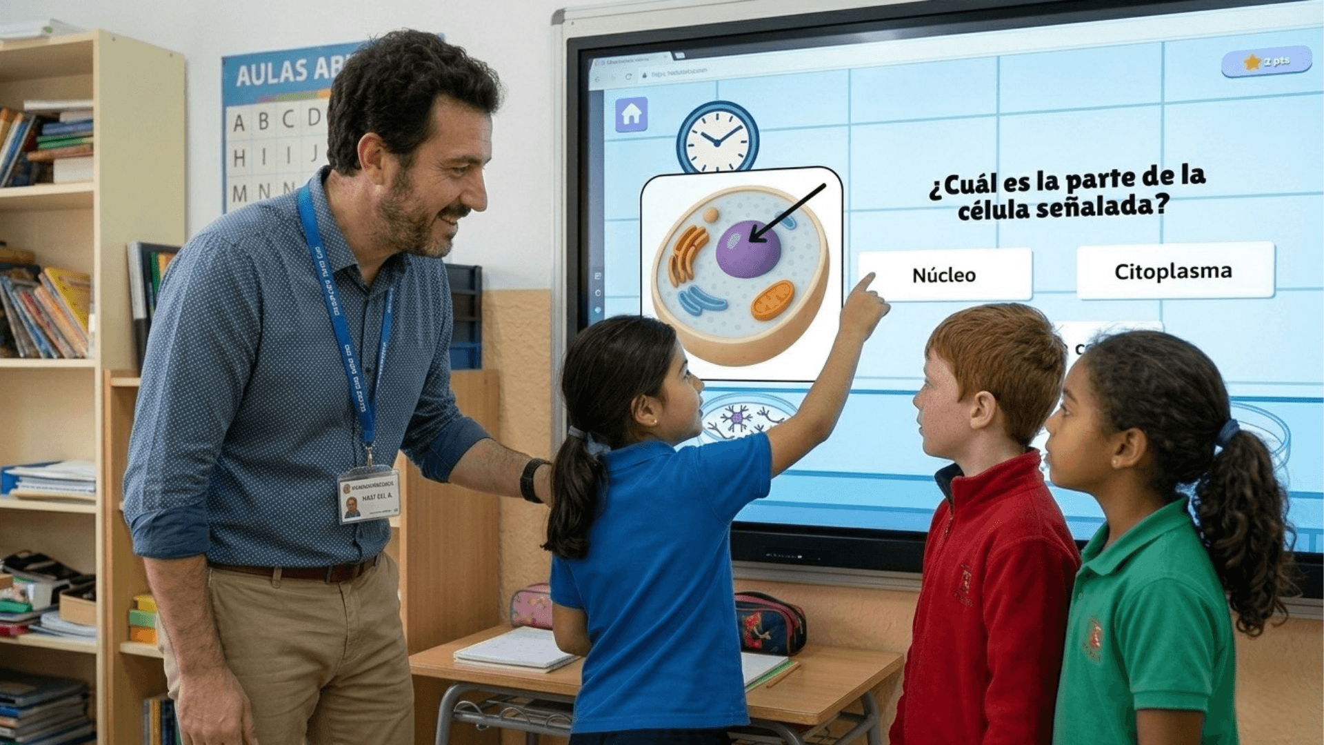 Profesor con alumnos usando Trivilandia en clase