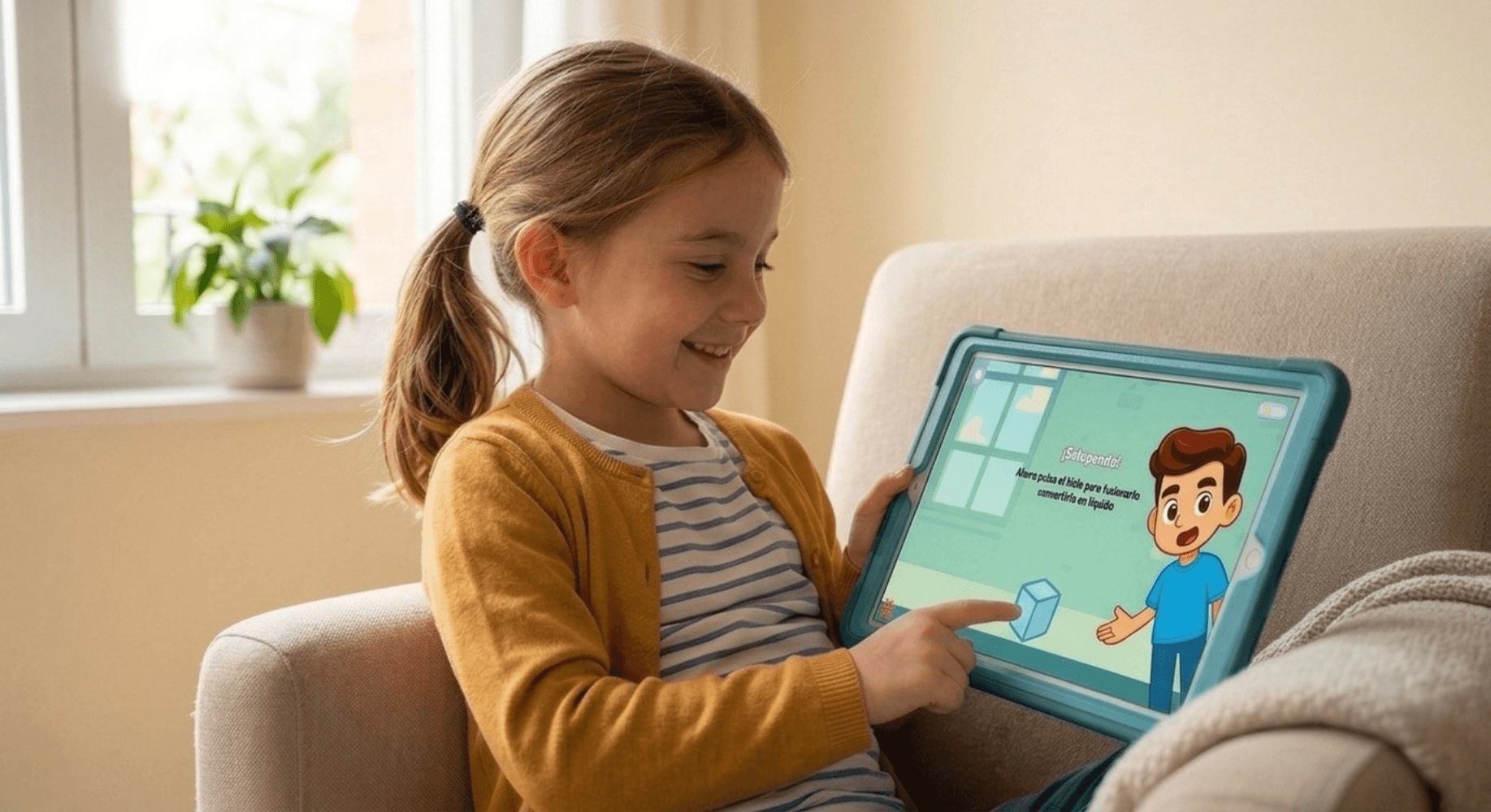 Niña concentrada y sonriendo jugando con Trivilandia en una tablet